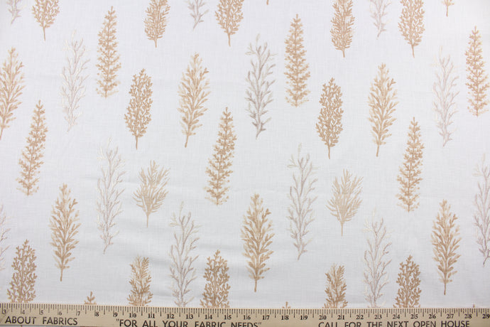 Expertly designed, the Embroidered Woodlands in Ivory is a multi-use piece that features a stunning coral botanical print with intricate rayon embroidery in champagne and brown on a soft ivory background. Perfect for adding a touch of natural beauty to any space, this versatile piece is sure to impress. Uses include drapery, pillows, light upholstery, table runners, bedding, headboards, home décor and apparel.  