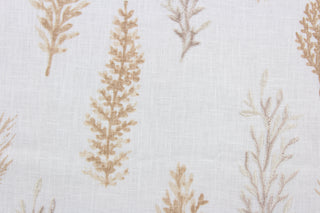 Expertly designed, the Embroidered Woodlands in Ivory is a multi-use piece that features a stunning coral botanical print with intricate rayon embroidery in champagne and brown on a soft ivory background. Perfect for adding a touch of natural beauty to any space, this versatile piece is sure to impress. Uses include drapery, pillows, light upholstery, table runners, bedding, headboards, home décor and apparel.  