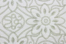 Load image into Gallery viewer, Expertly crafted, the Embroidered Grandfleur in White Shadow is an intricate floral embroidery in sage green against a white background, making a statement of elegance and sophistication.  Uses include drapery, pillows, light upholstery, table runners, bedding, headboards, home décor and apparel.  

