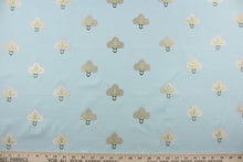 Load image into Gallery viewer, Effortlessly elevate any space with the versatile and elegant Embroidered August in Celadon Mushroom. The finely embroidered mushroom colored medallion with brown and green accents, against a celadon background adds a touch of sophistication to drapery, pillows, light upholstery, table runners, bedding, headboards, home décor, and even apparel. Perfect for any style or purpose.
