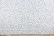 Load image into Gallery viewer, Expertly crafted, the Embroidered Grandfleur in Ivory Vapor is an intricate floral embroidery in powder blue against an ivory background, making a statement of elegance and sophistication.  Uses include drapery, pillows, light upholstery, table runners, bedding, headboards, home décor and apparel.  

