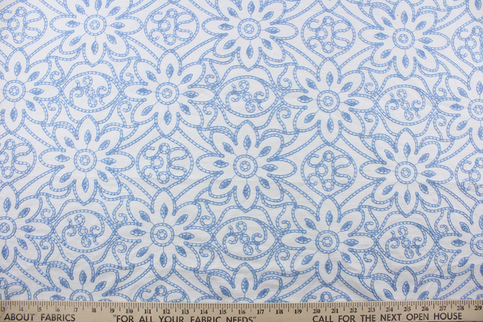  Expertly crafted, the Embroidered Grandfleur in White Bluebell is an intricate floral embroidery in blue against a white background, making a statement of elegance and sophistication.  Uses include drapery, pillows, light upholstery, table runners, bedding, headboards, home décor and apparel.  