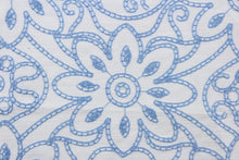 Load image into Gallery viewer,  Expertly crafted, the Embroidered Grandfleur in White Bluebell is an intricate floral embroidery in blue against a white background, making a statement of elegance and sophistication.  Uses include drapery, pillows, light upholstery, table runners, bedding, headboards, home décor and apparel.  

