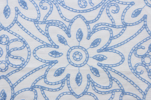  Expertly crafted, the Embroidered Grandfleur in White Bluebell is an intricate floral embroidery in blue against a white background, making a statement of elegance and sophistication.  Uses include drapery, pillows, light upholstery, table runners, bedding, headboards, home décor and apparel.  