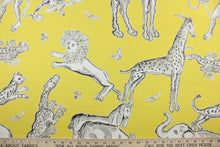 Load image into Gallery viewer, Experience the perfect blend of comfort and style with Duralee© Langdon in Yellow.  Crafted from a soft cotton blend, this fabric features whimsical yellow and gray animals and insects, perfect for giving any room a charming atmosphere.  It can be used for several different statement projects including window accents (drapery, curtains and swags), toss pillows, headboards, bedding, upholstery, and more.
