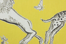 Load image into Gallery viewer, Experience the perfect blend of comfort and style with Duralee© Langdon in Yellow.  Crafted from a soft cotton blend, this fabric features whimsical yellow and gray animals and insects, perfect for giving any room a charming atmosphere.  It can be used for several different statement projects including window accents (drapery, curtains and swags), toss pillows, headboards, bedding, upholstery, and more.
