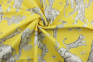Experience the perfect blend of comfort and style with Duralee© Langdon in Yellow.  Crafted from a soft cotton blend, this fabric features whimsical yellow and gray animals and insects, perfect for giving any room a charming atmosphere.  It can be used for several different statement projects including window accents (drapery, curtains and swags), toss pillows, headboards, bedding, upholstery, and more.