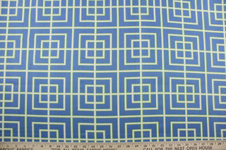 This Robert Allen© Square Lattice in Hydrangea fabric features a sophisticated multipurpose geometrical lattice print in a stunning combination of blue, lime green, and white colors.  This fabric is strong and durable with 30,000 double rubs and soil and stain resistant for long lasting use.  It can be used for several different statement projects including window accents (drapery, curtains and swags), toss pillows, headboards, bedding, upholstery, and more.