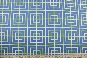 This Robert Allen© Square Lattice in Hydrangea fabric features a sophisticated multipurpose geometrical lattice print in a stunning combination of blue, lime green, and white colors.  This fabric is strong and durable with 30,000 double rubs and soil and stain resistant for long lasting use.  It can be used for several different statement projects including window accents (drapery, curtains and swags), toss pillows, headboards, bedding, upholstery, and more.