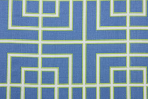 This Robert Allen© Square Lattice in Hydrangea fabric features a sophisticated multipurpose geometrical lattice print in a stunning combination of blue, lime green, and white colors.  This fabric is strong and durable with 30,000 double rubs and soil and stain resistant for long lasting use.  It can be used for several different statement projects including window accents (drapery, curtains and swags), toss pillows, headboards, bedding, upholstery, and more.