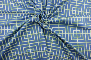 This Robert Allen© Square Lattice in Hydrangea fabric features a sophisticated multipurpose geometrical lattice print in a stunning combination of blue, lime green, and white colors.  This fabric is strong and durable with 30,000 double rubs and soil and stain resistant for long lasting use.  It can be used for several different statement projects including window accents (drapery, curtains and swags), toss pillows, headboards, bedding, upholstery, and more.