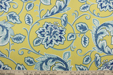 Load image into Gallery viewer, Robert Allen© McGivern in Blue/Yellow fabric offers a vibrant, multi-purpose floral vine print on a yellow background. The blue and white design is highlighted by a soil and stain repellant finish.  It can be used for several different statement projects including window accents (drapery, curtains and swags), toss pillows, headboards, bed skirts, duvet covers, upholstery, and more.
