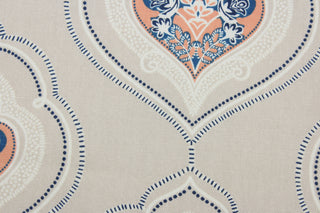Robert Allen© Diamond in Coral is the perfect choice for adding a splash of color to any project.  This unique medallion pattern features coral accents, set against a tan background, that can be complemented with additional colors of blue, navy, and beige.  It can be used for several different statement projects including window accents (drapery, curtains and swags), toss pillows, headboards, bed skirts, duvet covers and upholstery. 