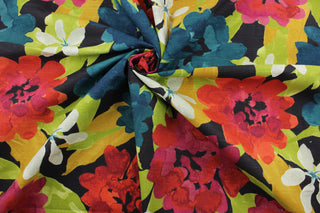 Robert Allen© Lush Floral in Berry is great for all types of uses. Its large floral print, featuring teal, black, red, orange, berry, green, white, and gold, makes it perfect for adding a pop of color to any space. This multipurpose fabric is designed to last with 30,000 double rubs. It can be used for several different statement projects including window accents (drapery, curtains and swags), toss pillows, headboards, bed skirts, duvet covers and upholstery. 