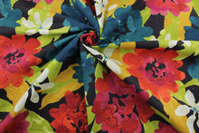 Load image into Gallery viewer, Robert Allen© Lush Floral in Berry is great for all types of uses. Its large floral print, featuring teal, black, red, orange, berry, green, white, and gold, makes it perfect for adding a pop of color to any space. This multipurpose fabric is designed to last with 30,000 double rubs. It can be used for several different statement projects including window accents (drapery, curtains and swags), toss pillows, headboards, bed skirts, duvet covers and upholstery. 
