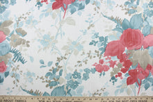 Load image into Gallery viewer, Presenting the Robert Allen© Olivia fabric, an exquisite multi-purpose linen weave cotton fabric with a botanical floral watercolor print in red, teal, tan, and white. Enjoy easy cleaning with soil and stain repellant technology, making this the perfect choice for a variety of uses. It can be used for several different statement projects including window accents (drapery, curtains and swags), toss pillows, headboards, bedding, upholstery, and more.
