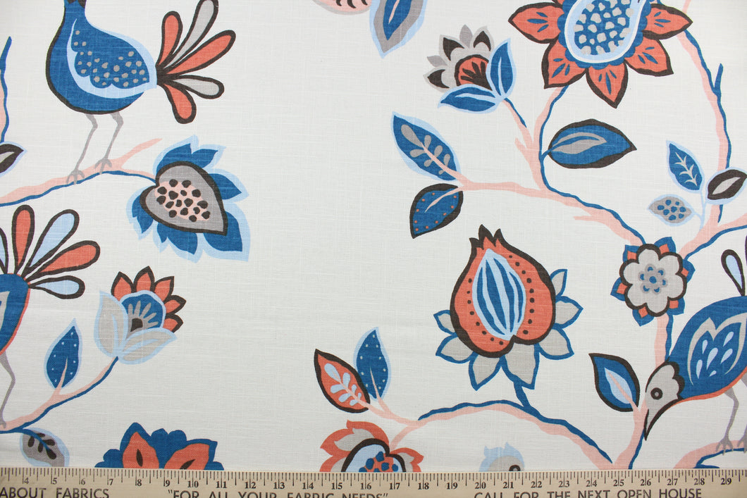 The Robert Allen© Meriweather in Cadet fabric is perfect for any home project.  Featuring a transitional Jacobean floral and bird print, the blue, pink, cadet, brown, coral and white colors are sure to brighten any space.  It can be used for several different statement projects including window accents (drapery, curtains and swags), toss pillows, bedding, pillows, and light upholstery.
