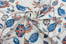 Load image into Gallery viewer, The Robert Allen© Meriweather in Cadet fabric is perfect for any home project.  Featuring a transitional Jacobean floral and bird print, the blue, pink, cadet, brown, coral and white colors are sure to brighten any space.  It can be used for several different statement projects including window accents (drapery, curtains and swags), toss pillows, bedding, pillows, and light upholstery.
