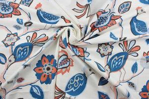 The Robert Allen© Meriweather in Cadet fabric is perfect for any home project.  Featuring a transitional Jacobean floral and bird print, the blue, pink, cadet, brown, coral and white colors are sure to brighten any space.  It can be used for several different statement projects including window accents (drapery, curtains and swags), toss pillows, bedding, pillows, and light upholstery.