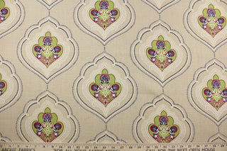 Robert Allen© Diamond in Blue/Green is the perfect choice for adding a splash of color to any project.  This unique medallion pattern features magenta and ivory accents, set against a tan background.  It can be used for several different statement projects including window accents (drapery, curtains and swags), toss pillows, headboards, bed skirts, duvet covers and upholstery. 