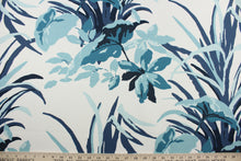 Load image into Gallery viewer, Discover a beautiful multi-purpose fabric featuring a modern botanical floral print in shades of blue set against a white background. Crafted from Robert Allen©, it has an impressive 30,000 double rubs for lasting durability and luxurious comfort. It can be used for several different statement projects including window accents (drapery, curtains and swags), toss pillows, headboards, bed skirts, duvet covers, upholstery, and more.
