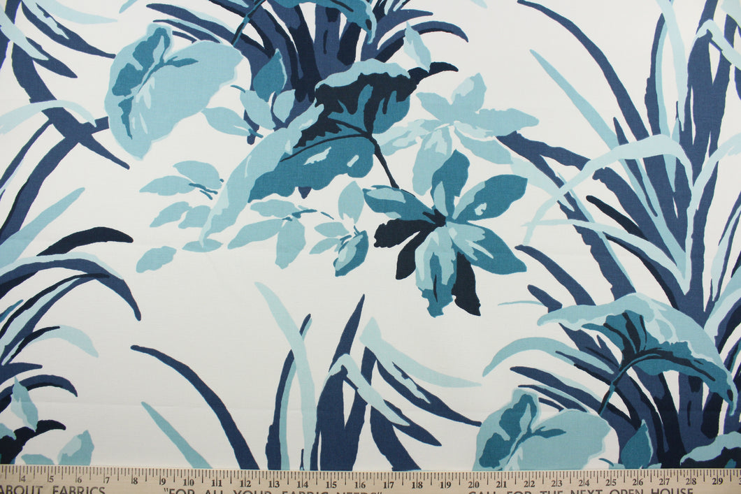 Discover a beautiful multi-purpose fabric featuring a modern botanical floral print in shades of blue set against a white background. Crafted from Robert Allen©, it has an impressive 30,000 double rubs for lasting durability and luxurious comfort. It can be used for several different statement projects including window accents (drapery, curtains and swags), toss pillows, headboards, bed skirts, duvet covers, upholstery, and more.