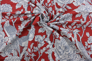 The Robert Allen© Tweedbank in Maroon is perfect for any space - its multipurpose design makes it highly versatile.  This printed fabric features flowering branches and peacocks in maroon, indigo, and ivory.  Plus, its soil and stain repellant finish makes it easy to maintain.  It can be used for several different statement projects including window accents (drapery, curtains and swags), toss pillows, headboards, bed skirts, duvet covers, upholstery, and more.