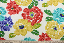Load image into Gallery viewer, The Robert Allen© Brushed Floral in Calypso is the perfect multipurpose fabric, featuring a bright floral print in green, red, yellow, purple, and white. Crafted with soil and stain repellent technology.  It can be used for several different statement projects including window accents (drapery, curtains and swags), toss pillows, headboards, bed skirts, duvet covers, upholstery, and more.
