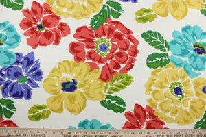 The Robert Allen© Brushed Floral in Calypso is the perfect multipurpose fabric, featuring a bright floral print in green, red, yellow, purple, and white. Crafted with soil and stain repellent technology.  It can be used for several different statement projects including window accents (drapery, curtains and swags), toss pillows, headboards, bed skirts, duvet covers, upholstery, and more.