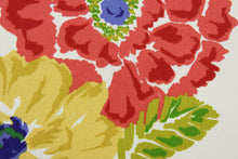 Load image into Gallery viewer, The Robert Allen© Brushed Floral in Calypso is the perfect multipurpose fabric, featuring a bright floral print in green, red, yellow, purple, and white. Crafted with soil and stain repellent technology.  It can be used for several different statement projects including window accents (drapery, curtains and swags), toss pillows, headboards, bed skirts, duvet covers, upholstery, and more.
