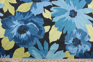 Robert Allen© Kobila in Deep Pool, is a multi-purpose fabric featuring a large floral print in shades of blue, yellow green and black.  This fabric is incredibly tough, boasting a 100,000 double rub rating, and is soil and stain repellent to help keep it looking as good as new.  It can be used for several different statement projects including window accents (drapery, curtains and swags), toss pillows, headboards, bed skirts, duvet covers, upholstery, and more.