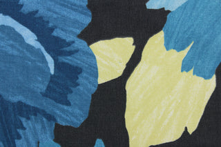 Robert Allen© Kobila in Deep Pool, is a multi-purpose fabric featuring a large floral print in shades of blue, yellow green and black.  This fabric is incredibly tough, boasting a 100,000 double rub rating, and is soil and stain repellent to help keep it looking as good as new.  It can be used for several different statement projects including window accents (drapery, curtains and swags), toss pillows, headboards, bed skirts, duvet covers, upholstery, and more.