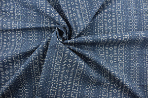  Robert Allen© Bakosi in Twilight is a multipurpose fabric with a striking ethnic geometric print in a beautiful combination of blue and light cream.  This fabric is built to last with a 100,000 double rub rating.  It can be used for several different statement projects including window accents (drapery, curtains and swags), toss pillows, headboards, bed skirts, duvet covers, upholstery, and more.