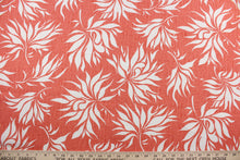 Load image into Gallery viewer, The Duralee© Bella in Coral is a versatile fabric that will give an elegant touch to any room.  The fabric features white leaves against a coral background, and it is made of high-performance fibers that make it highly durable: it has up to 50,000 double rubs and is soil and stain repellant.  It can be used for several different statement projects including window accents (drapery, curtains and swags), toss pillows, headboards, bed skirts, duvet covers, upholstery, and more.
