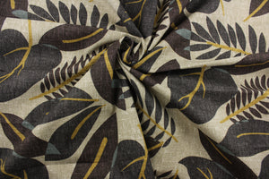 Robert Allen© Fresh Leaf in Terrain, features a stunning leaf print with shades of brown, gold, and hints of sage against a tan background. Durable and resistant to both spoil and stains, it is rated for 30,000 double rubs. It can be used for several different statement projects including window accents (drapery, curtains and swags), toss pillows, headboards, bed skirts, duvet covers, upholstery, and more.