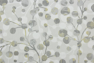 Orbits is a medium weight fabric that is printed on 100% cotton duck.  The beautiful color palette includes tones of gray, antique gold, and dull white against a light putty background.  It has a soft hand and good durability with 50,000 double rubs.  It can give any space a much needed update.  The versatile fabric is perfect for window accents (draperies, valances, curtains and swags) cornice boards, accent pillows, bedding, headboards, cushions, ottomans, slipcovers and upholstery.  