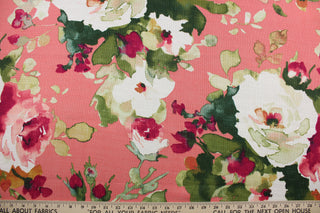  Enhance any room with Covington© Mimi in Coraline. This multipurpose fabric boasts a stunning large scale botanical print, adding a touch of nature to your décor. Made from a heavy linen blend, it offers durability with 20,000 double rubs. The vibrant shades of green, white, light salmon pink, dark fuchsia, and coral background will bring life to any space.