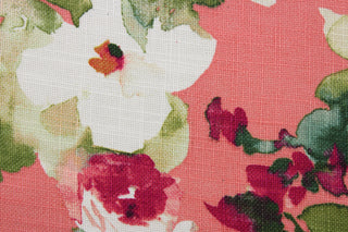  Enhance any room with Covington© Mimi in Coraline. This multipurpose fabric boasts a stunning large scale botanical print, adding a touch of nature to your décor. Made from a heavy linen blend, it offers durability with 20,000 double rubs. The vibrant shades of green, white, light salmon pink, dark fuchsia, and coral background will bring life to any space.