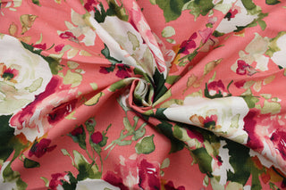  Enhance any room with Covington© Mimi in Coraline. This multipurpose fabric boasts a stunning large scale botanical print, adding a touch of nature to your décor. Made from a heavy linen blend, it offers durability with 20,000 double rubs. The vibrant shades of green, white, light salmon pink, dark fuchsia, and coral background will bring life to any space.