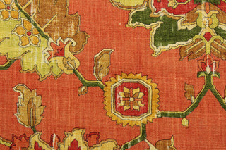 Experience multipurpose functionality with Covington© Andora in Mandarin.  The soft Jacobean floral dobby print in vibrant red, orange, green, and golden yellow adds a touch of elegance to any space.  With an impressive 12,000 double rub count, this fabric is both durable and stylish.  The versatile fabric is perfect for window accents (draperies, valances, curtains and swags) cornice boards, accent pillows, bedding, headboards, cushions, ottomans, slipcovers and upholstery.  