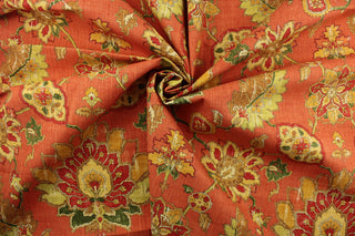 Experience multipurpose functionality with Covington© Andora in Mandarin.  The soft Jacobean floral dobby print in vibrant red, orange, green, and golden yellow adds a touch of elegance to any space.  With an impressive 12,000 double rub count, this fabric is both durable and stylish.  The versatile fabric is perfect for window accents (draperies, valances, curtains and swags) cornice boards, accent pillows, bedding, headboards, cushions, ottomans, slipcovers and upholstery.  