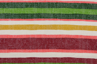 This heavy striped fabric in shades of green, red, dark yellow, and white would be a great accent to your home décor projects.  It it is perfect for window treatments, decorative pillows, handbags, light duty upholstery applications.  This fabric has a soft workable feel yet is stable and durable with 50,000 double rubs.  