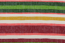 Load image into Gallery viewer, This heavy striped fabric in shades of green, red, dark yellow, and white would be a great accent to your home décor projects.  It it is perfect for window treatments, decorative pillows, handbags, light duty upholstery applications.  This fabric has a soft workable feel yet is stable and durable with 50,000 double rubs.  
