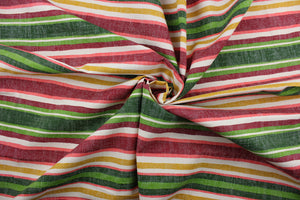 This heavy striped fabric in shades of green, red, dark yellow, and white would be a great accent to your home décor projects.  It it is perfect for window treatments, decorative pillows, handbags, light duty upholstery applications.  This fabric has a soft workable feel yet is stable and durable with 50,000 double rubs.  