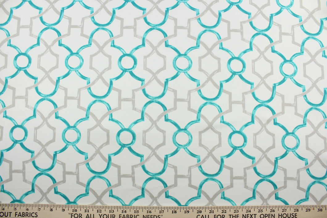 This printed cotton twill fabric features a geometric design in turquoise and grey on an off white background.  It is perfect for window treatments, decorative pillows, handbags, light duty upholstery applications.  This fabric has a soft workable feel yet is stable and durable with 50,000 double rubs.  