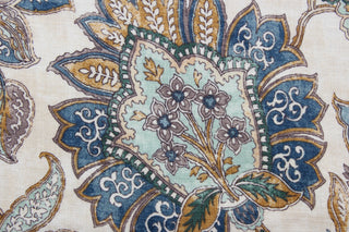  Covington© Foligno in Laguna is a versatile, beautiful fabric with a non-woven backing.  Its Jacobean floral print in shades of blue, aqua, deep gold/bronze, neutrals, and cream adds a touch of elegance to any project.  It can be used for several different statement projects including window accents (drapery, curtains and swags), toss pillows, bed skirts, and duvet covers.  It has a soft workable feel yet is stable and durable with 12,000 double rubs.