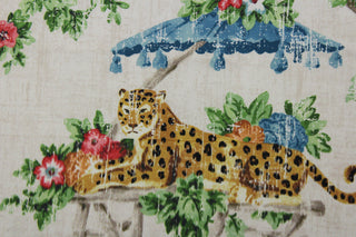 Featuring a stunning scenic jungle chinoiserie print with cheetahs, floral branches, and a variety of colors including blue, green, golden brown, black, and pink, all set against a distressed light tan background.&nbsp; The versatile fabric is perfect for window accents (draperies, valances, curtains and swags) cornice boards, accent pillows, bedding, headboards, cushions, ottomans, slipcovers and upholstery. <span data-mce-fragment="1">&nbsp;</span>