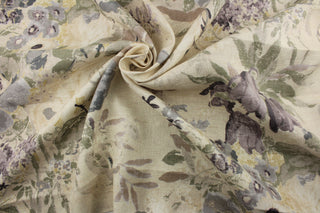 This multipurpose fabric boasts a beautiful linen floral print in shades of gray, purple, green, ivory, taupe, and pearl. Perfect for achieving a sophisticated look in any space. Great for window accents (draperies, valances, curtains and swags) cornice boards, accent pillows, bedding, headboards, cushions, ottomans, slipcovers and light duty upholstery. <span data-mce-fragment="1">&nbsp;</span>
