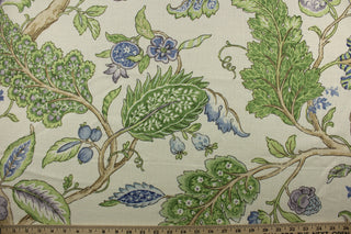 This multipurpose fabric features a stunning Jacobean floral print with hues of periwinkle, green, brown, and amethyst on an off white background. Made of a linen blend, it is both stylish and functional with a soil and stain repellant finish.&nbsp; Perfect for window accents (draperies, valances, curtains and swags) cornice boards, accent pillows, bedding, headboards, cushions, ottomans, slipcovers and upholstery. <span data-mce-fragment="1">&nbsp;</span>
