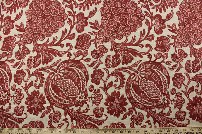 P Kaufmann's Bountiful fabric in Grenadine. The cotton blend basketweave boasts lush flowers, fruits, and vines while providing soil and stain repellency. With 27,000 double rubs, this multipurpose fabric exudes quality and durability. The versatile fabric is perfect for window accents (draperies, valances, curtains and swags) cornice boards, accent pillows, bedding, headboards, cushions, ottomans, slipcovers and upholstery. <span data-mce-fragment=
